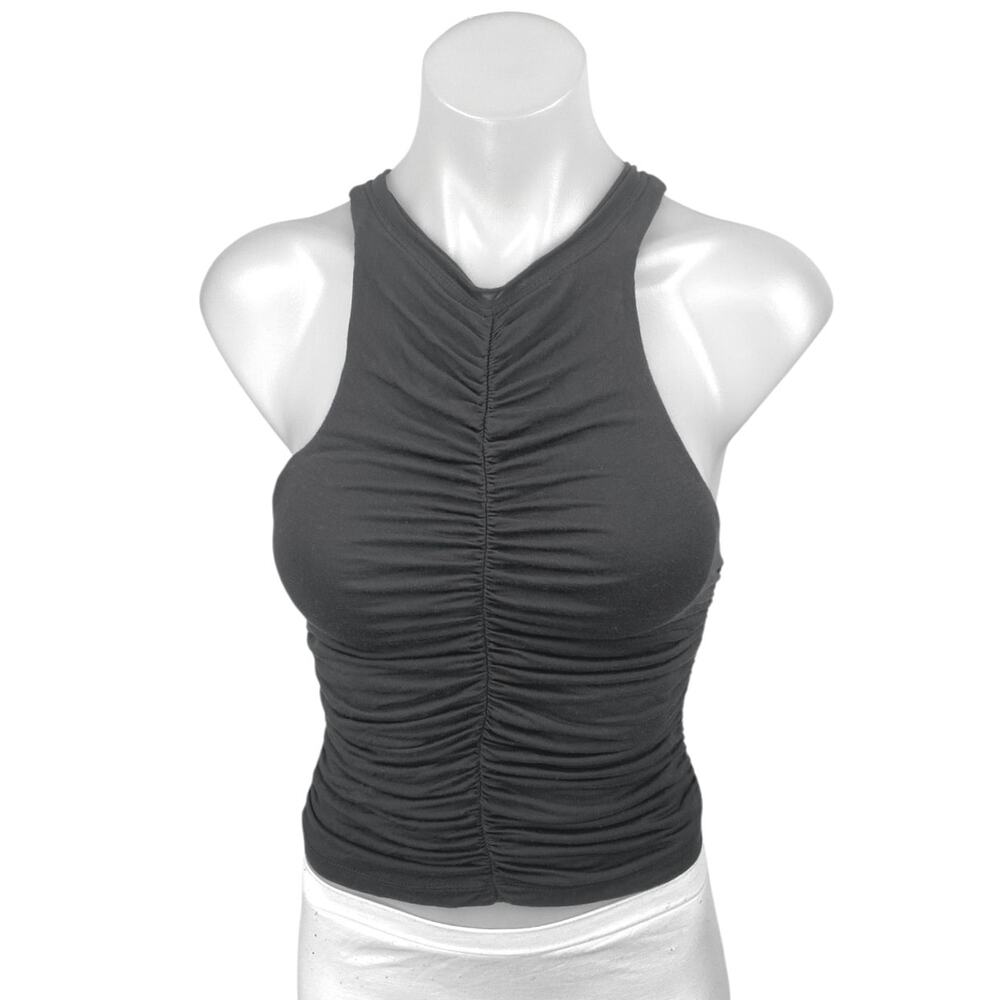 Anthropologie Pilcro Black Ruched High Neck Racerback Sleeveless Tank Crop Top S